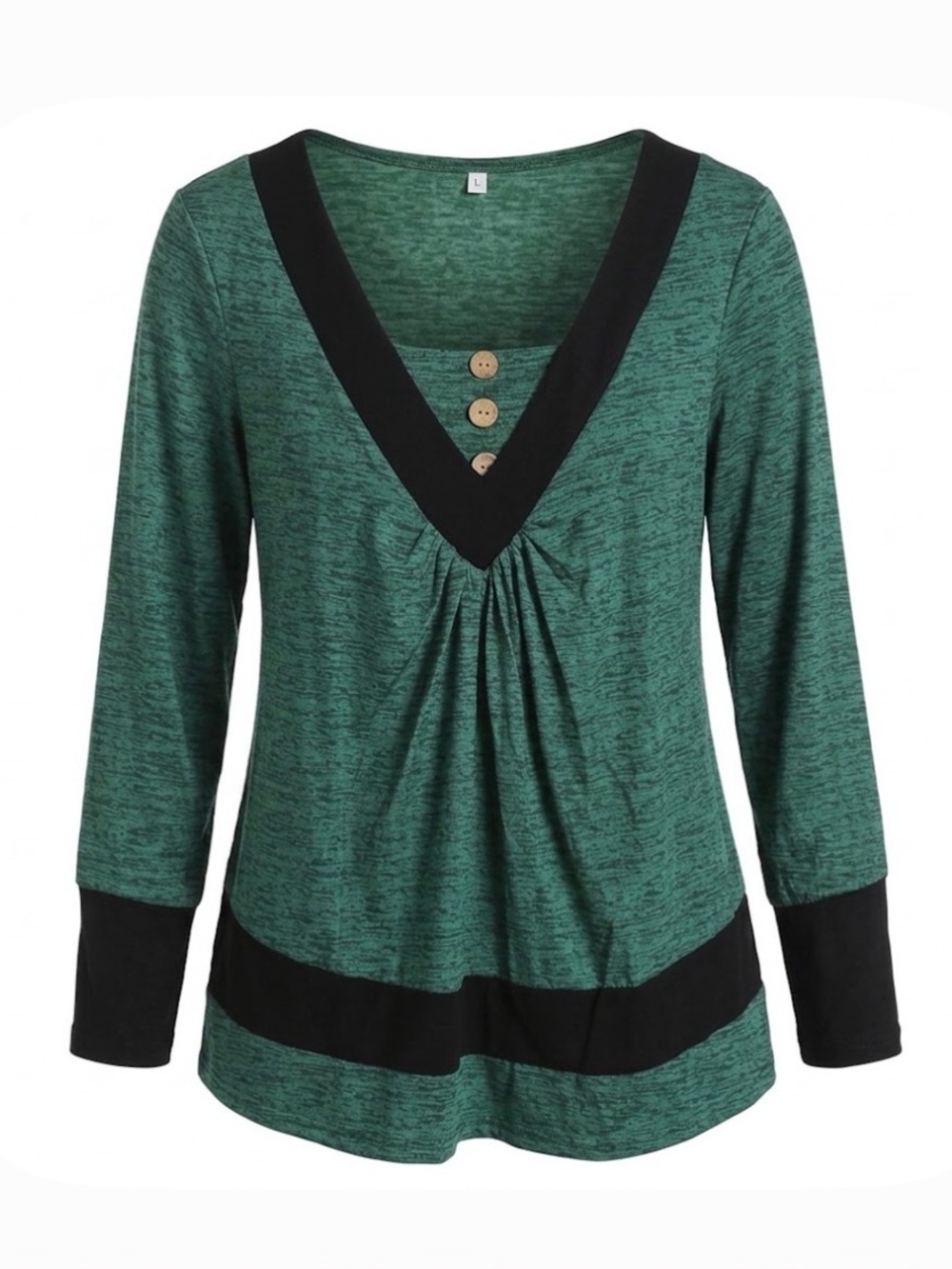 Button Splice Accent V-Neck Top, Women’s L, Green Black
